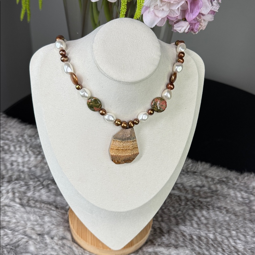 Handmade Chunky Brown Jasper Pendant with Pearl and Unakite Earth Tone Necklace